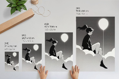 Poster En figur på ett moln med en ballong i minimalistisk stil