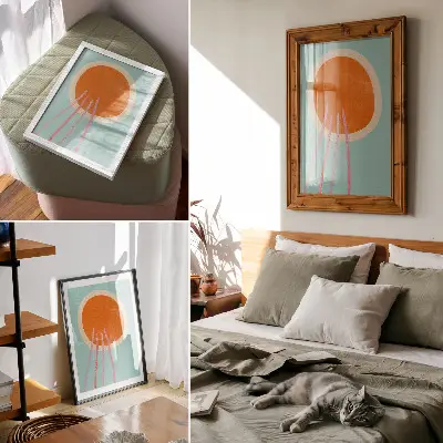 Väggposter orange cirkel med turkos bakgrund och rosa linjer
