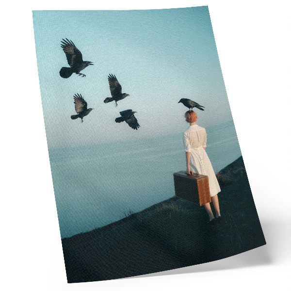 Affisch Kvinna med en resväska fåglar himmel surrealism