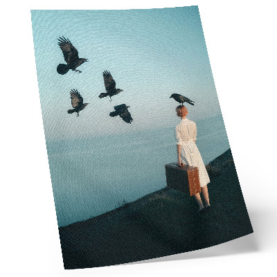 Affisch Kvinna med en resväska fåglar himmel surrealism
