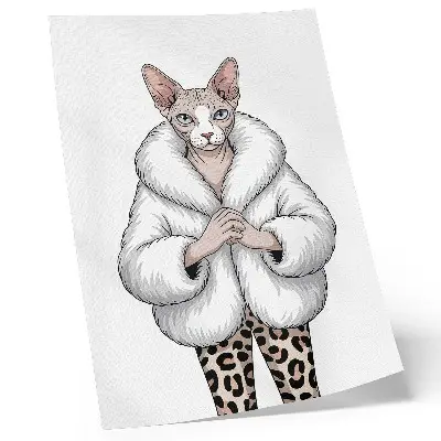 Poster katt i pälskappa och leopardmönstrade byxor