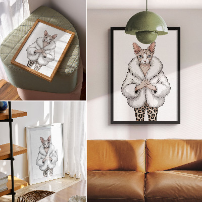 Poster Katt i pälskappa och leopardmönsterbyxor