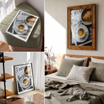 Dekorativ väggaffisch med motiv av kaffe och croissant i svartvitt för en elegant känsla