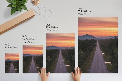 Poster En rak väg genom skogen i en pastellfärgad solnedgång