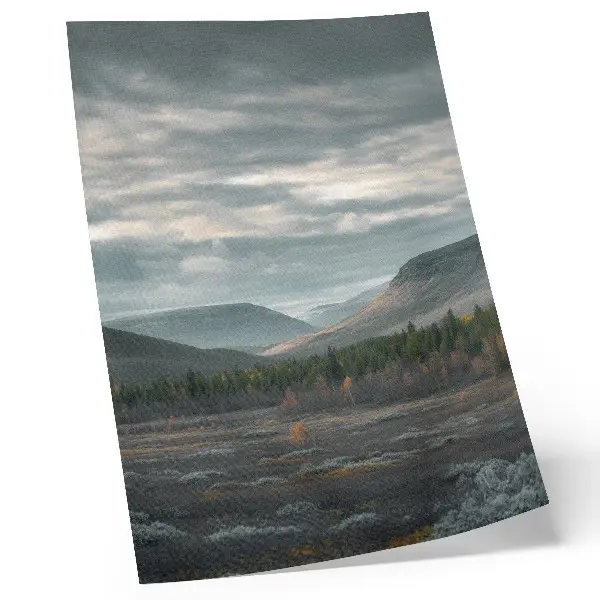 Hållbar väggposter med motiv av molniga berg, gröna träd och en fridfull dal