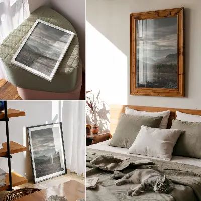 Hållbar väggposter med motiv av molniga berg, gröna träd och en fridfull dal