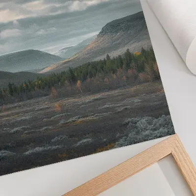 Hållbar väggposter med motiv av molniga berg, gröna träd och en fridfull dal
