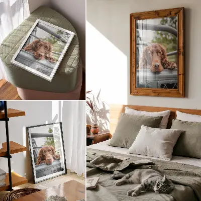 Väggposter brun hund vid fordonet med gröna träd