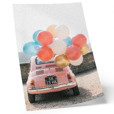 Poster Rosa bil med ballonger i retrobakgrunden