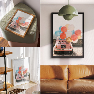 Poster Rosa bil med ballonger i retrobakgrunden