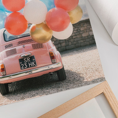 Poster Rosa bil med ballonger i retrobakgrunden