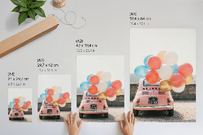 Poster Rosa bil med ballonger i retrobakgrunden