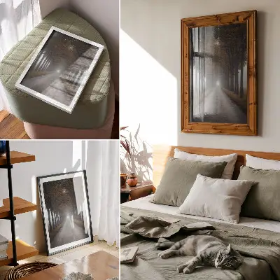 Poster med symmetrisk och harmonisk komposition av höstgränd i dimma