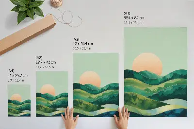 Poster pastellfärgade kullar i akvarell med sol