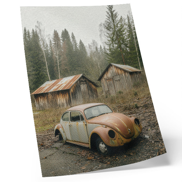 Hållbar väggposter Rostig bil träskjul grön skog
