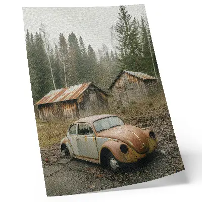 Hållbar väggposter rostig bil vid ett träskjul i grön skog