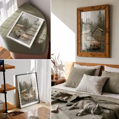 Hållbar väggposter rostig bil vid ett träskjul i grön skog