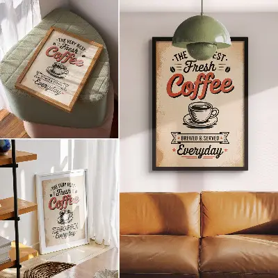 Affisch med motiv av en kopp i retro café-stil
