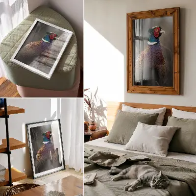 Poster med motiv av färgglada fasanfjädrar i intensiva färger