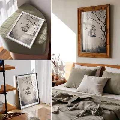 Väggposter svartvit fågelbur i enkel trädesign