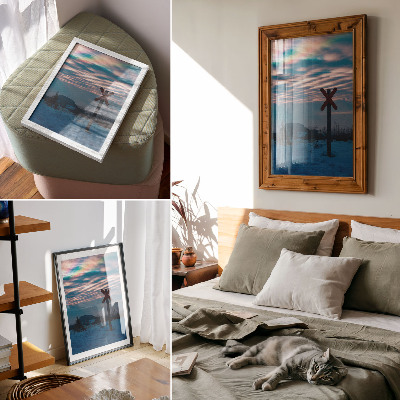 Poster Atmosfäriskt vinterlandskap, färgglada moln, ensamt tecken