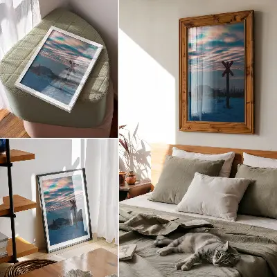 Poster atmosfäriskt vinterlandskap med färgglada moln och en ensam gestalt