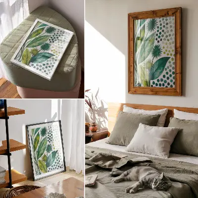 Hållbar väggposter med motiv av gröna blad och prickar i en fräsch bohemisk stil
