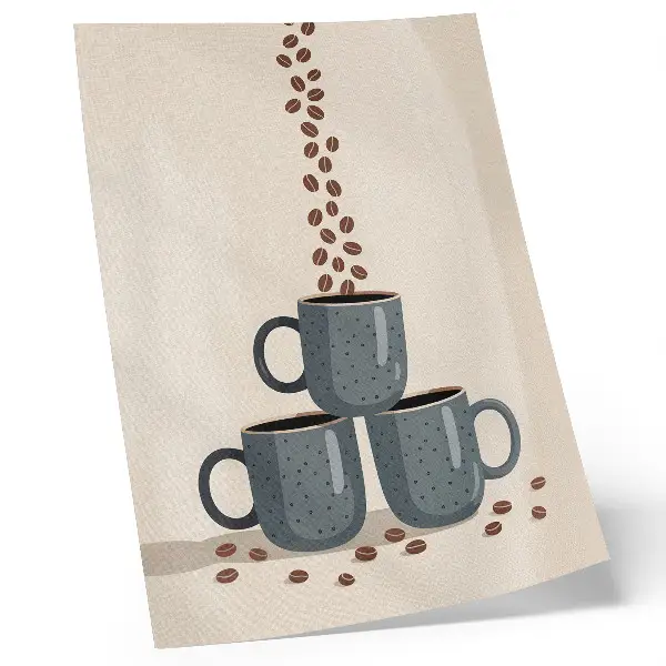 Poster grå muggar på en krämfärgad bakgrund med kaffebönor