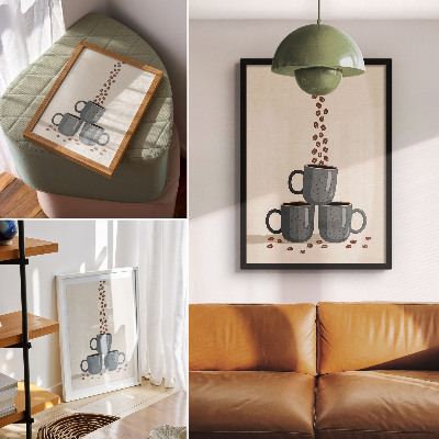 Poster Grå muggar och en krämfärgad bakgrund med kaffebönor