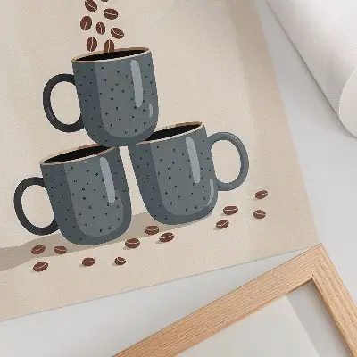 Poster grå muggar på en krämfärgad bakgrund med kaffebönor