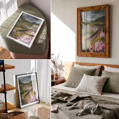 Hållbar väggposter Stenviadukt gröna kullar pastellblommor
