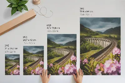 Hållbar väggposter stenviadukt med gröna kullar och pastellfärgade blommor