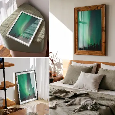 Dekorativ väggaffisch med motiv av magisk natur med gröna träd under norrsken