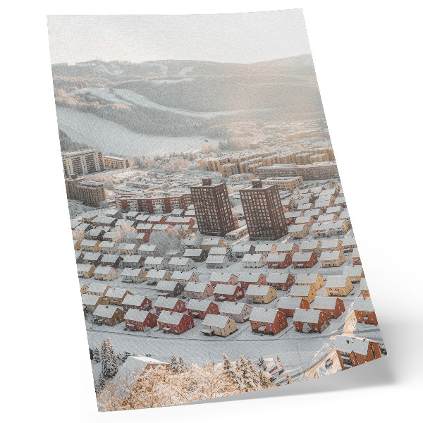 Hållbar väggposter Vinterlandskap med snötäckta hus