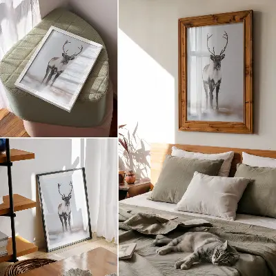 Väggaffisch Renar i vinterlandskap med varma nyanser i modern stil