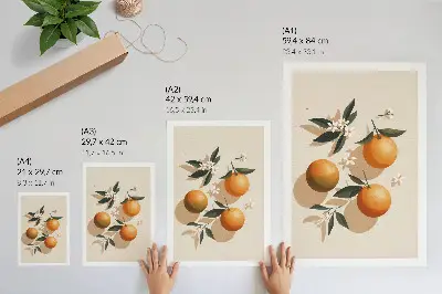Affisch med motiv av saftiga apelsiner, gröna blad och vita blommor
