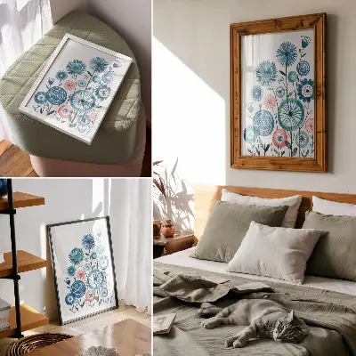 Hållbar väggposter med moderna blå blommor på vit bakgrund