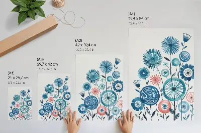Hållbar väggposter med moderna blå blommor på vit bakgrund