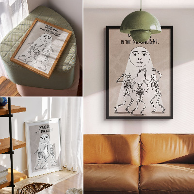Poster Svartvita skelett på en beige månebakgrund