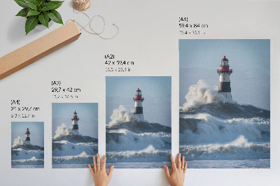 Poster Vågor som slår mot fyren, hög kontrast, naturens kraft