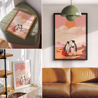 Hållbar väggposter Pingviner i öknens surrealistiska landskap