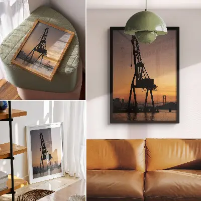 Hållbar väggposter industriell kran i silhuett mot en bro i solnedgång
