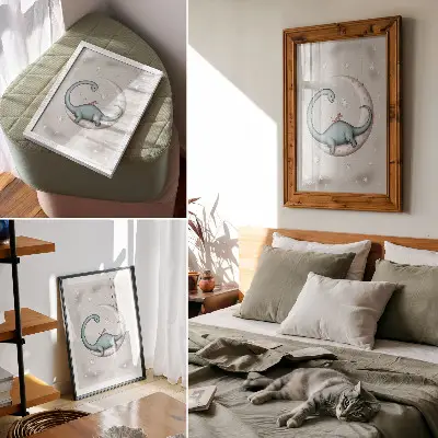 Väggposter dinosaurie på månen med stjärnor i pastellfärger