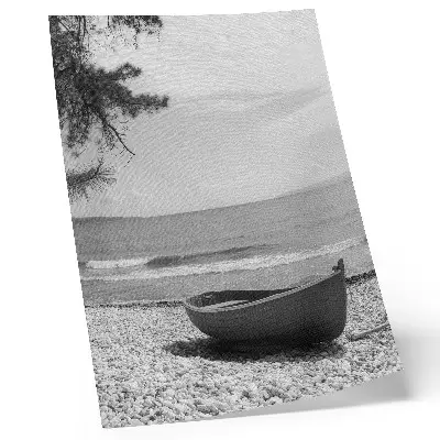 Hållbar väggposter med motiv av båt på stranden vid vågor och himmel för harmoni och fred