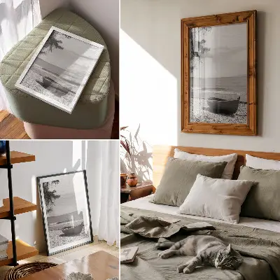 Hållbar väggposter med motiv av båt på stranden vid vågor och himmel för harmoni och fred