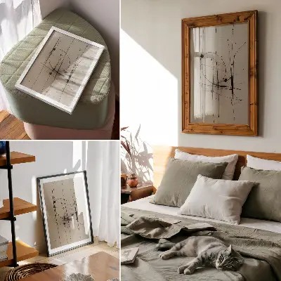 Dekorativ väggaffisch med minimalistisk abstraktion av svarta linjer på beige bakgrund