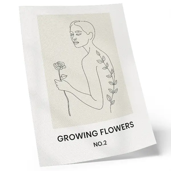 Affisch linjeteckning föreställande en person och en blomma i minimalistisk stil