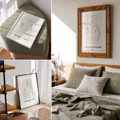 Affisch linjeteckning föreställande en person och en blomma i minimalistisk stil