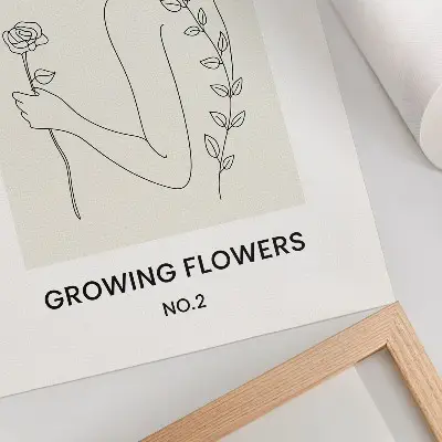 Affisch linjeteckning föreställande en person och en blomma i minimalistisk stil
