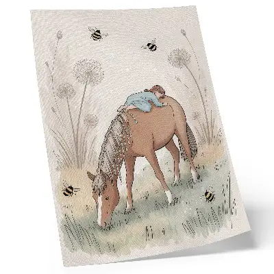 Poster med motiv av föl och maskrosor i varma pastellfärger
